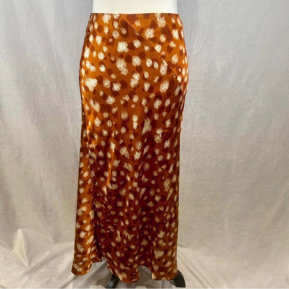 Bardot Mayah spliced rust and white scratch print satin midi slip skirt size 6 - Picture 2 of 7